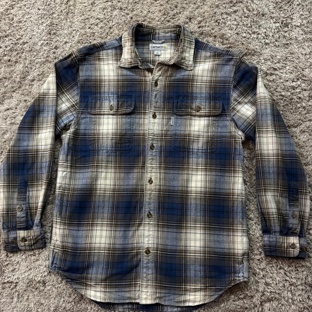 Carhartt Blue and Tan Plaid Button Down Shirt